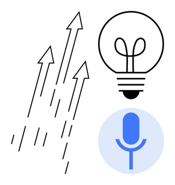 Siyah oklar büyümeyi, ampul fikirleri, mikrofon da iletişimi simgeliyor. Başarı, yaratıcılık, yenilik, strateji ve liderlik işbirliği için ideal. Düz basit