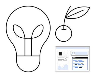 İçinde yaprak olan ampul, kiraz ikonu ve çizelge ve metin ile web sitesi arayüzü. Sürdürülebilirlik, büyüme, yenilik, çevre dostu tasarım, yaratıcılık, teknoloji ve basit iniş için ideal