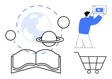 Açık bir kitap, gezegenler, dünya, elinde video ekranı olan adam, alışveriş arabası. Eğitim, e-öğrenme, küreselleşme, çevrimiçi video dijital ticaret keşfi için ideal basit iniş sayfası
