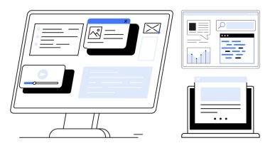Kullanıcı arayüzü dizaynları metin blokları, ortam oynatıcıları, menü ögeleri içerir. Uygulama prototipi, web geliştirme, kullanıcı deneyimi, ilgili tasarım, kablolar, dijital pazarlama için ideal