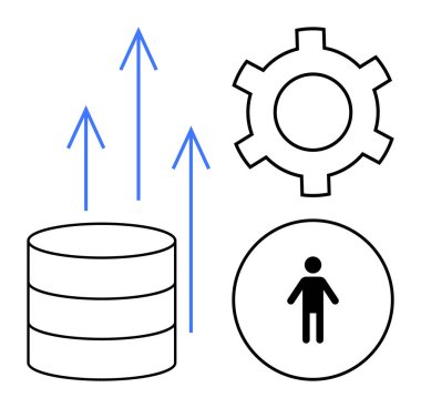 Veritabanı yığını ve insan ikonu, yenilik, veri analizi ve verimliliği temsil eden dişli ve yukarı doğru oklarla eşleştirildi. Teknoloji, büyüme stratejisi, otomasyon, süreç iyileştirme, takım için ideal