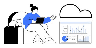 Elinde tabletle sandalyede oturan bir kadın, yanında da bir kedi var. Yanında yüzen bir bulut simgesi ve üzerinde grafikler ve çizelgeler olan bir panel var. Uzak çalışma, veri analizi ve bulut için ideal