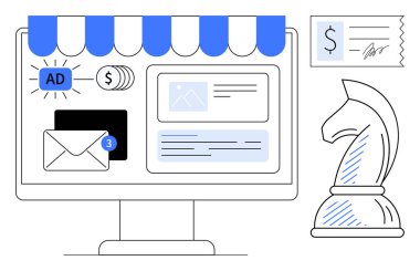 Mağaza önü, e-posta uyarısı, madeni paralar, reklamlar ve finansal ve stratejik planlamayı sembolize eden bir satranç şövalyesi. E-ticaret, reklam, çevrimiçi iş, iletişim finansmanı için ideal