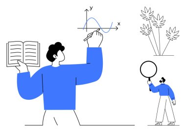 Her birey açık bir kitapla bir grafik çizer, figür büyüteçle bakar, yakınlardaki tropikal bitkiler. Eğitim, araştırma, analiz, keşif, büyüme, basit iniş sayfası için ideal