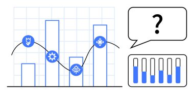 Bar tablosu, mevsimlik simgeler, trend çizgisi, soru işaretli konuşma balonu ve bölümlü bar tablosu. Veri analizi, iş stratejisi, piyasa araştırması, eğitim karar verme istatistikleri için ideal