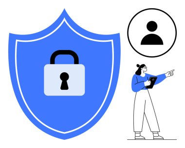 Mavi kalkanlı asma kilit tablet üzerinde analiz yapan kişi ve koruma, gizlilik ve teknoloji güvenliğini temsil eden kullanıcı simgesi. Güvenlik, gizlilik, teknoloji, çevrimiçi koruma siber farkındalığı için ideal
