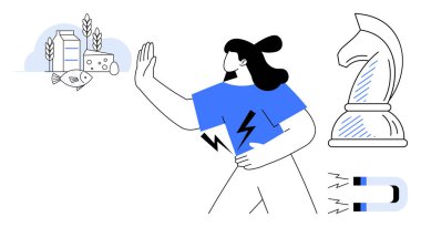 Seçenekleri reddeden bir kadın sağlıksız tercihlere parmak basar, yiyecek, mıknatıs ve satranç taşlarıyla sembolize edilir, karar verme mekanizması, strateji, kontrol, planlama reddetme dengesi vurgulanır. İdeal