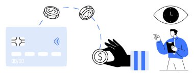 Paralar dijital bir kredi kartına doğru uçuyor, para fırlatan bir el, pano ve saat-göz sembolü tutan bir işadamı. Finans, teknoloji, dijital bankacılık, işlemler ve iş tavsiyesi için ideal