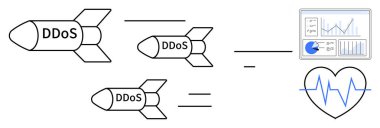 DDoS etiketli üç füze, performans, istikrar ve sağlığı etkileyen ağ saldırılarını sembolize eden bir gösterge paneline ve bir kalp ikonuna doğru gidiyor. Siber güvenlik, veri koruması ve stres için ideal