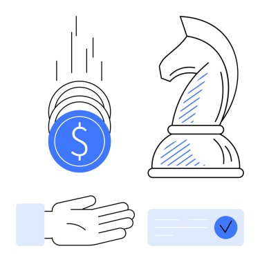 Madeni paraların el ele düşmesi, şövalye satranç taşı ve onaylanmış görev kutusu mali kararları, stratejik planlamayı, kaynak yönetimini ve hedef başarısını vurgular. İş ve yatırım için ideal