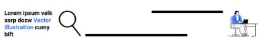 Mesajlı büyüteç, arama çizgileri, masa başında çalışan profesyoneller. Araştırma, veri analizi, verimlilik, iş keşfi, çevrimiçi iş akışı, basit arama motoru için ideal