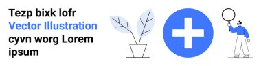Saksı bitkileri, koyu mavi artı işareti ve basitlik ve yaratıcılığı dengeleyen bir balon tutan kişi. Sağlık, sağlık, büyüme, pozitiflik, takım çalışması, basit iniş sayfası için ideal