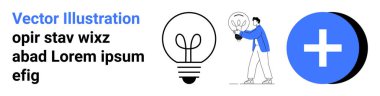 Minimalist ampul illüstrasyonunun ve koyu mavi artı işaretinin yanında ampul tutan kişi. Yaratıcılık, yenilik, takım çalışması, çözümler, girişimler, büyüme, basit iniş sayfası için ideal