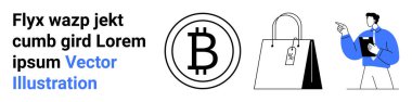 Bitcoin logosu, fiyat etiketli alışveriş çantası ve elinde tablet olan bir adam. Kripto para, e-ticaret, alışveriş, perakende, fintech, dijital ekonomi sade iniş sayfası için ideal