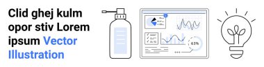 Veri analiz paneli, grafikler ve grafiklerle birlikte yeniden kullanılabilir bir şişe ve parlayan bir ampulün yanında. İş analizi, sürdürülebilirlik, çevre dostu uygulamalar, yenilik, yaratıcılık için ideal
