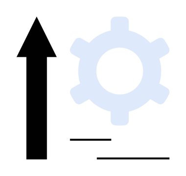 Açık mavi bir dişlinin ve basit yatay siyah çizgilerin yanında yukarı bakan siyah ok, büyüme, gelişme, ayar, süreç, ilerleme, yenilik ve mekaniği işaret eder. Düz basit metafor