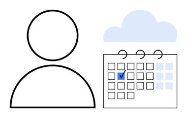 Bir buluta bağlanan mavi işaretli bir takvimin yanındaki çöp adam kullanıcısı. Zamanlama, planlama, takım çalışması, verimlilik, hatırlatıcılar, bulut uygulamaları, basit organizasyon için ideal