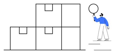 Düzgünce düzenlenmiş kutular, büyüteçle gözlemleyen ve analiz eden insanlar. İkmal zinciri, lojistik, envanter, depolama, e-ticaret, işlem iyileştirme, basit iniş sayfası için ideal
