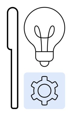 Ampul, kalem ve teçhizat yaratıcılığı, çözümleri ve süreci simgeliyor. Yenilik, iş, teknoloji, tasarım üretkenlik beyin fırtınası eğitimi sade iniş sayfası için ideal