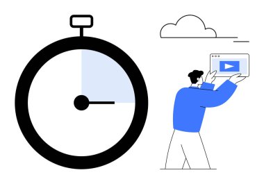 Mavi bölümlü büyük zamanlayıcı, elinde tablet olan mavi elbiseli bir adam ve basit bir bulut. Üretim için ideal, çevrimiçi yayın, zaman yönetimi, medya tüketimi, dijital