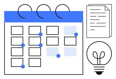 İşaretli tarihler, mavi başlıklar, istiflenmiş kağıtlar ve planlama, organizasyon, fikirler, üretkenlik, eğitim ve yaratıcılığı temsil eden ampullerle dolu bir takvim. İş akışı için ideal