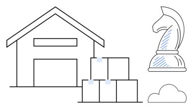 Deponun ana hatları istiflenmiş kutularla dolu, strateji belirten bir satranç şövalyesi, ve soyut düşünce için bir bulut. Lojistik, nakliye, iş planlaması, tedarik zinciri, karar verme mekanizması ve strateji için ideal