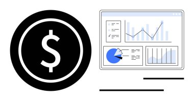 Grafikler, grafikler ve analizlerle dolu dijital gösterge panelinin yanında dolar işareti. Finans, yatırım, bütçe, ekonomi, planlama, muhasebe için ideal