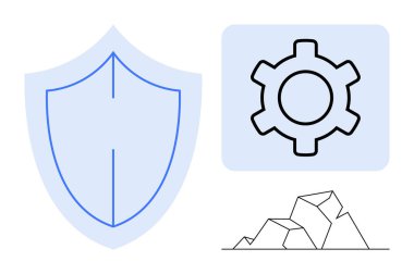 Koruma için kalkan sembolü, mekanik ve işlemler için teçhizat, istikrar için soyut kayalar. Güvenlik, teknoloji, endüstri, güvenilirlik, mühendislik, yapı sade iniş sayfası için ideal