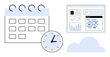 Zamanlamayı belirten bir takvim, grafiklerle web sitesi analiz arayüzü ve bulut depolama kavramı. Üretkenlik, planlama, dijital araçlar, uzaktan çalışma, veri yönetimi, zaman