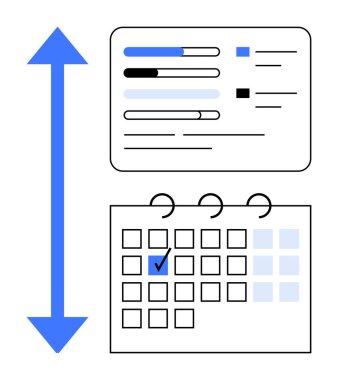 Seçilen tarih, görev ilerleme çubukları ve dikey büyüme okuyla takvim. Planlama, planlama, ilerleme takibi, verimlilik, zaman yönetimi büyüme stratejileri hedefleri için idealdir. Düz basit