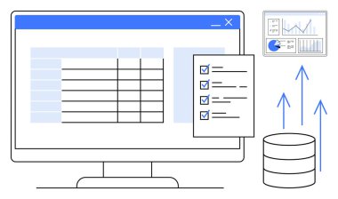 Görev listesinin, veritabanı simgesinin ve veri analiz grafiğinin yanında bilgisayar ekranı görüntüleme. Veri yönetimi, analiz, organizasyon, üretkenlik, iş, teknoloji için ideal basit