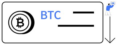 Bitcoin logosu ve döviz kısaltması BTC dijital kart düzenine eklenmiş. Kullanıcı bir ekran ile etkileşir. Kripto para, ticaret, fintech, engelleme zinciri, ödeme işleme, teknoloji için ideal