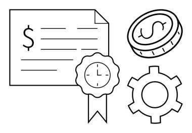 Maddi değeri, kurdele mührü, madeni para ve teçhizatı simgeleyen sertifika, sertifika, finans, yatırım, strateji, işletme planlama verimliliği. Finans sektörü stratejisi için ideal