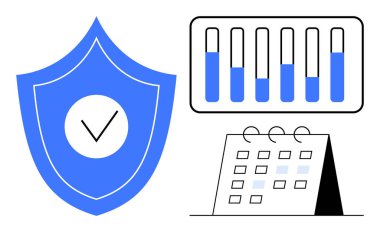 İşaretli mavi kalkan, veri eğilimlerini gösteren çubuk grafik ve planlama için bir takvim simgesi. Güvenlik, analitik, ilerleme, üretkenlik, zaman çizelgesi, hedef planlama için ideal