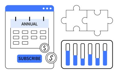 Yıllık takvim, abonelik düğmesi, bozuk paralar, bulmaca parçaları ve bar çizelgesi. Üyelikler, iş stratejisi, finans, verimlilik planlama analizleri ve basit bir iniş sayfası için ideal
