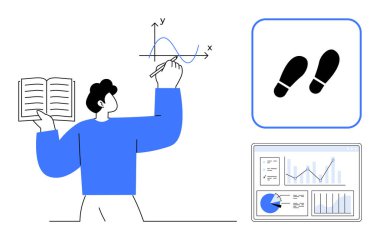 Adam elinde kitap, ayak izi simgesi ve veri tabloları tutarken verileri grafikte analiz ediyor. Eğitim, analitik, araştırma, büyüme, strateji, basit iniş sayfası öğrenmek için ideal