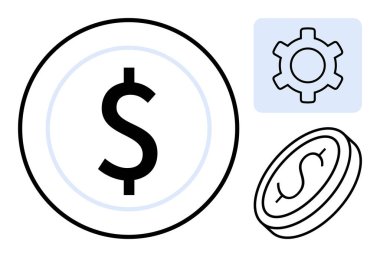 Dolar işaretli büyük para, daha küçük eğimli bozuk para, vites amblemi. Finans, ekonomi, teknoloji, iş stratejisi, yenilik, bankacılık ve basit iniş sayfası için ideal