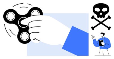 El hareketleriyle dönen bir döner, zehirli tehlike sembolü, kafatası ve kemikleri olan, alarmda olan bir adam. Stres, odaklanma, tehlike, bağımlılık, farkındalık, sağlık riskleri için ideal basit bir metafor