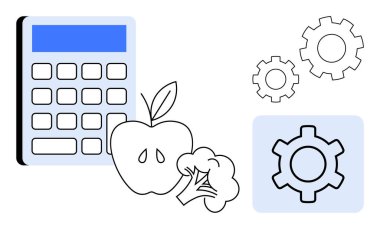 Beslenme planlama, gıda analizi, sağlık yönetimi ve işlem optimizasyonunu vurgulayan görsel öğeler olarak hesap makinesi, elma, brokoli ve vites. Sağlık uygulamaları ve fitness diyeti planlaması için ideal