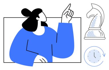 Yukarıya doğru hareket eden bir kadın, fikirleri işaret eden bir şövalye, stratejiyi sembolize eden bir satranç taşı, ve zaman için bir saat. Liderlik, planlama, iş, yenilik, üretkenlik, karar verme eğitimi için ideal