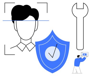 Yüz taraması, güvenlik işaretli kalkan, aletler için ingiliz anahtarı, dizüstü bilgisayarla iletişim kuran kişi. Güvenlik, biyometri, bilişim hizmetleri, kullanıcı kimlik denetimi ve gizlilik teknolojisi için ideal