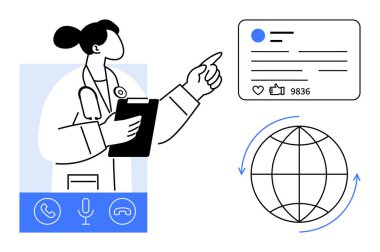 Not panosu olan doktor sosyal medya profiline, dünya çapında bağlantı için küresel iletişim ikonlarına işaret ediyor. Teletıp, sağlık hizmetlerinde yenilik, küresel ulaşım, sosyal medya, çevrimiçi için ideal