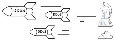 DDoS etiketli füzeler, ince duman bulutlarıyla stratejiyi sembolize eden bir satranç şövalyesini hedef alıyor. Siber güvenlik, internet terörizmi, stratejik savunma, hackleme riskleri, veri koruması, bilişim için ideal