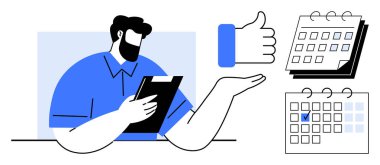 Pano işaretli takvimlere doğru hareket eden bir adam. Planlama, planlama, organizasyon, verimlilik, hedef belirleme, karar verme ve zaman yönetimi için ideal. Düz basit metafor