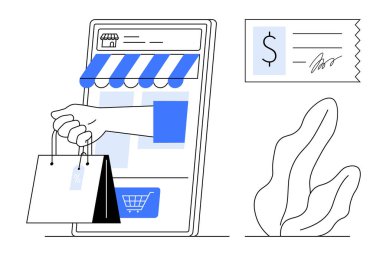 Mağaza arayüzü, alışveriş arabası ikonu, makbuzu ve bitkisi olan akıllı telefon. E-ticaret, çevrimiçi alışveriş, dijital iş, perakende, mobil uygulama ödeme sistemleri için ideal basit iniş sayfası