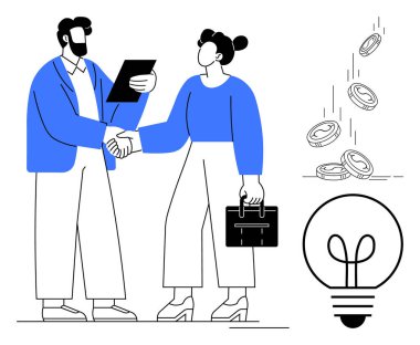 İki profesyonel el sıkışıyor, biri evrak çantası tutuyor, bozuk paralar düşüyor ve parlayan bir ampul. İşbirliği, başarı, yenilik, yatırım, girişimcilik, finans ortaklığı için ideal