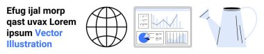 Küre grafiği bağlantılılığı gösterir, analitik gösterge paneli veri eğilimlerini vurgular, sulama büyümeyi sembolize eder. Teknoloji, analitik, sürdürülebilirlik, küresel iş ve eğitim için ideal