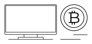 Bilgisayar monitörü Bitcoin grafiğinin yanında. Kripto para birimi, engelleme zinciri, fintech, çevrimiçi ticaret, dijital ekonomi, yatırım, küresel teknoloji için ideal. Düz basit metafor