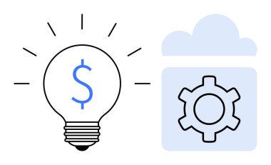 Dolar işaretli ampul finansal fikirleri vurguluyor. Bulutun içindeki teçhizat teknolojik yenilikleri temsil ediyor. Finans, teknoloji, bulut hesaplama, yenilik, iş fikirleri, optimizasyon için ideal