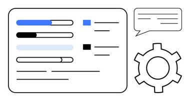 İletişim sohbet balonunun yanında ilerleme çubukları ve görev detayları ve cesur bir vites simgesi. Çalışma akışı, üretkenlik, teknoloji, ayarlar, iş, kullanıcı deneyimi için ideal, basit iniş sayfası